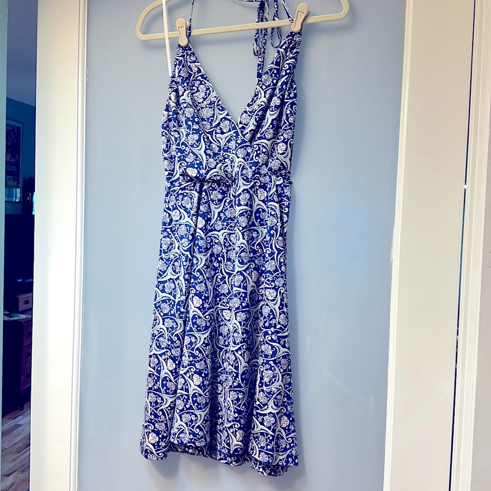 Nieves Lavi royal blue floral pattern short silk halter dress size L